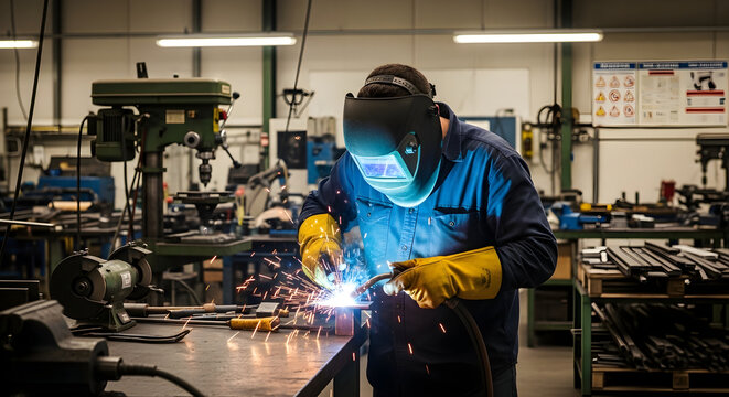 Industrial welder in blue protective clothing and yellow gloves performing MIG welding on metal piece in brightly lit workshop with machinery and safety posters