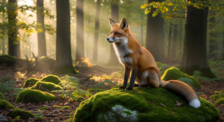 Red fox Vulpes vulpes sitting on moss covered rock in sunlit forest with green foliage and tall trees during early morning with soft natural sunlight and misty atmosphere