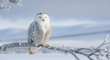 Snowy owl Bubo scandiacus perched on frost-covered branch in snowy winter landscape with soft natural daylight and overcast sky in arctic tundra habitat