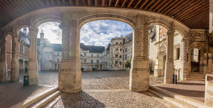 Blois, France - 10 27 2025: panoramic view of the inner courtyard, the monumental staircase and part of the Royal Castle facade