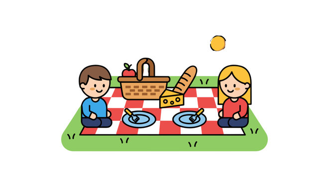 A delightful cartoon depiction shows two people having a picnic with a basket of food and a red and white checkered blanket. - Powered by Adobe