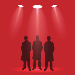 Shadow figures in lab coats stand under spotlights on a red background