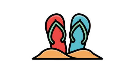 Beach-ready! Enjoy the sun, sand, and surf with vibrant red and blue flip-flops nestled in warm, golden sand.