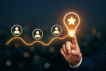Finding the best business idea and talented people concept with a light bulb and a line connecting to multiple users Idea, talent, people, innovation, solution, lightbulb, business, teamwork