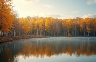 Fototapeta premium Peaceful lake reflects golden autumn forest trees on foggy morning. Serene nature landscape with vibrant fall foliage and calm water surface, bright sky.