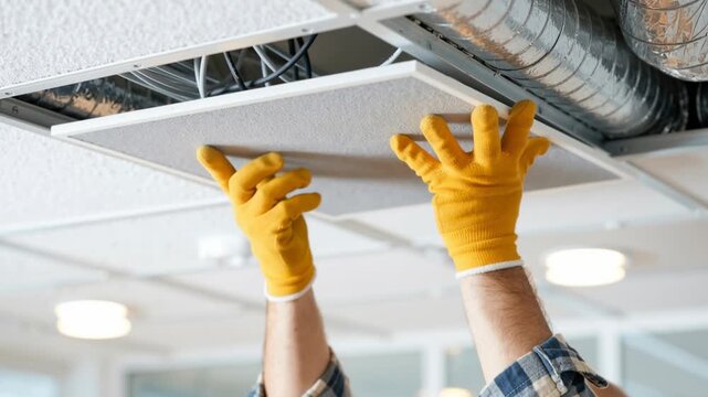 close-up of construction worker&rsquo;s hands wearing yellow gloves while installing suspended ceiling tile in modern building