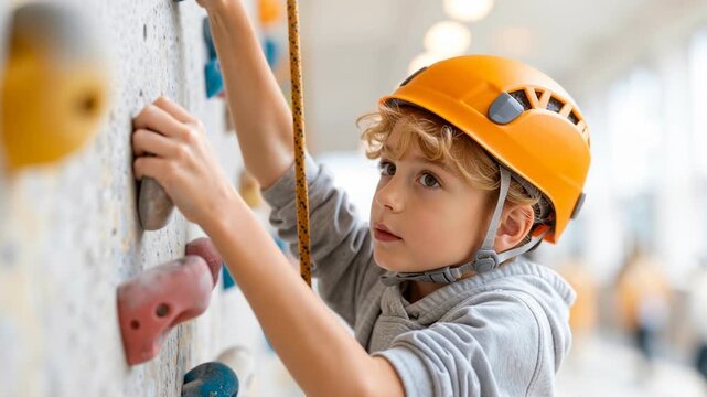 young boy climbing an indoor rock wall with safety helmet and rope in climbing gym