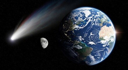 Comet Approaching Earth and Moon in Space
