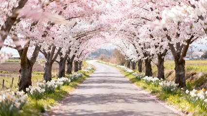 Fototapeta premium A country road between flowering trees