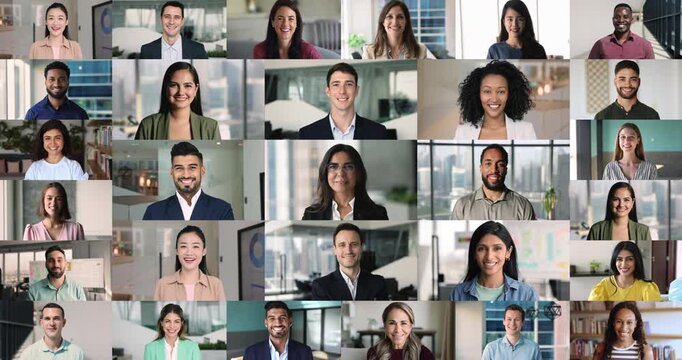 Zoom-in collage, different generation, nationality, profession people posing for camera