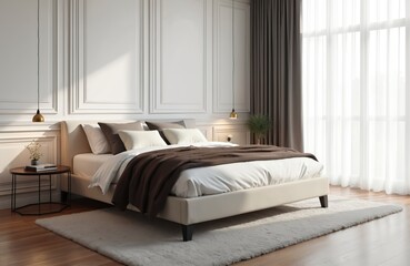 Fototapeta premium Modern bedroom with plush bedding, elegant wall paneling, and large windows. Natural light streams in illuminating a serene, comfortable, and stylish living space. Wooden floors add warmth.