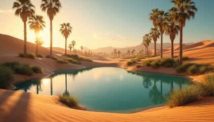 Desert oasis with palm trees and clear water. Sun sets casting long shadows over sand dunes. Rich green grass grows near tranquil blue pool reflecting sky.