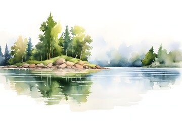 Watercolor painting of a serene island with pine trees reflected in calm water