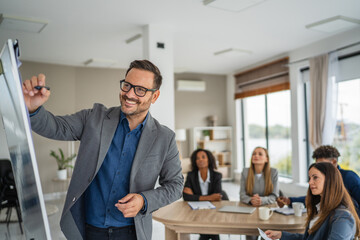 Business leader conducting presentation in office meeting for diverse team