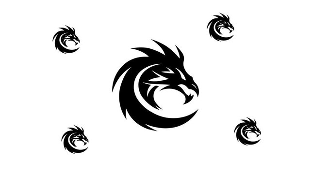 Zoom in and out animation the dragon's head symbol. Large black symbol in the center and four small symbols around. Seamless looped 4k animation on white background
