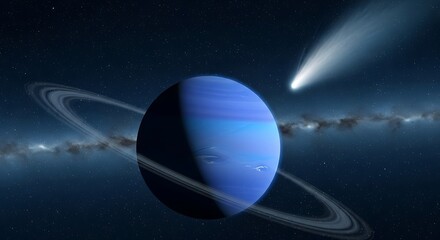 Distant blue planet and passing comet