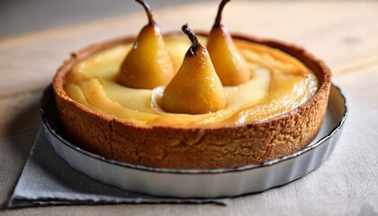 Close Up Of Classic French Poached Pear Tart Made With A Sweet Frangipane Almond Cream