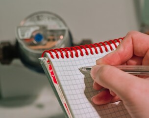 Hand writing down utility meter data onto a notepad for record-keeping - process of documentation and billing