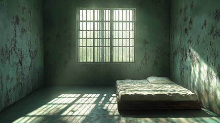 an empty room with a barred window a mental hospital the sun shines inside