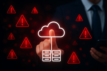Cloud computing data security risk and server error concept with hand pointing to illuminated cloud database icon surrounded by red exclamation mark danger signs