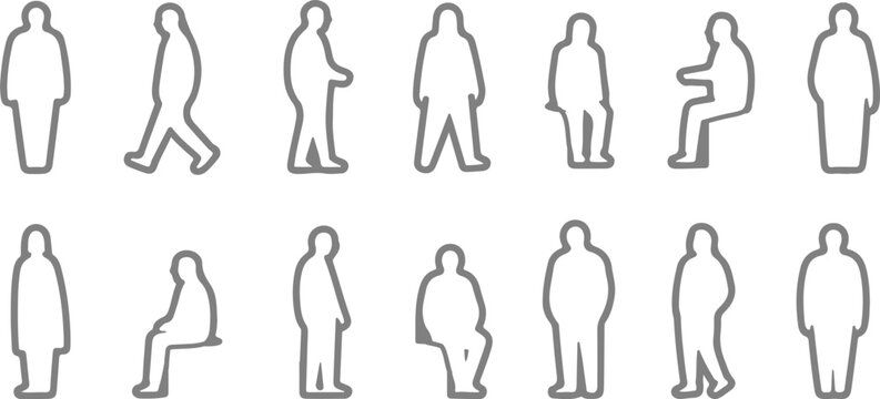 Minimal Human Figures for CAD Drawings, Vector Outline of People in Different Poses such as Sitting, Standing, and Walking for Architectural and Interior Design Plans