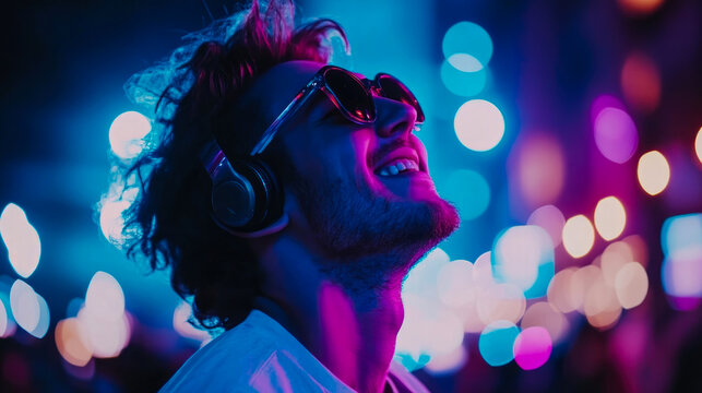 Enthusiastic man with headphones and sunglasses immersed in pulsating neon light and vibrant bokeh, experiencing pure musical joy