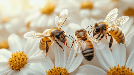Naklejka premium Close-up of three busy honey bees with delicate wings foraging on vibrant white daisy flowers under bright, natural sunlight, highlighting intricate details of nature's smallest workers