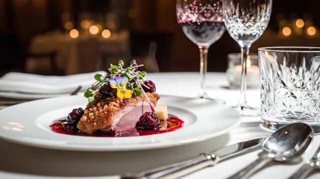 Elegant gourmet dish featuring roasted chicken with berry sauce and herbs, set in a fine dining restaurant