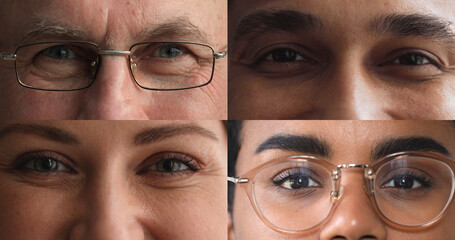 Multinational people staring at camera, close up cropped collage view