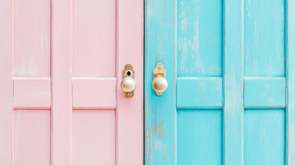 Textured close-up of side-by-side pastel pink and blue wooden doors, each with vintage brass doorknob, highlighting rustic charm, gentle color contrast, and unique architectural aesthetics.