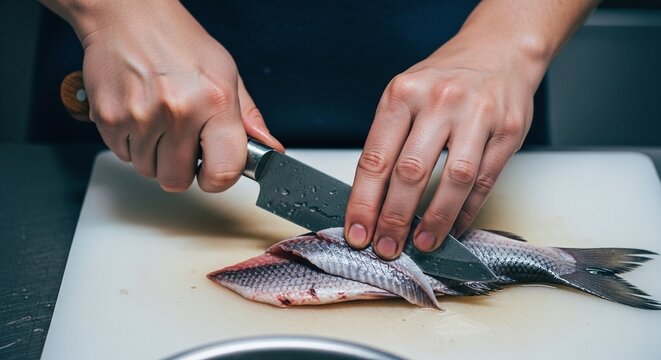Chef slicing a fresh fish with a sharp knife on a white cutting board, showing precision and skill in food preparation in a professional kitchen. - Powered by Adobe