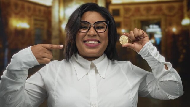 Woman in church holding cryptocurrency coin, smiling, wearing glasses, plus size, thumbs up, indoor, happy, young, showing digital currency, latin.
