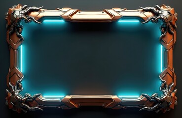 Ornate bronze frame with robotic claw accents and blue neon light glow. Futuristic decorative border for digital content. Advanced sci-fi design.