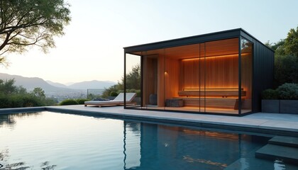 Exterior view of modern sauna with poolside, mountain background. Wood paneled building with glass walls, lounger near water. Great for wellness retreat relaxation travel concepts. Serene, calm