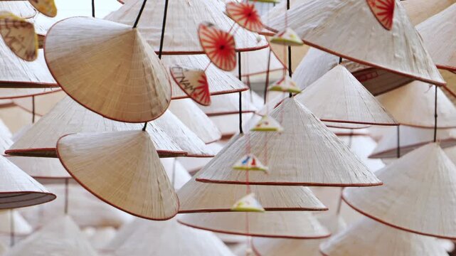 Traditional vietnamese conical hats hanging in Moscow during Vietnam Days
