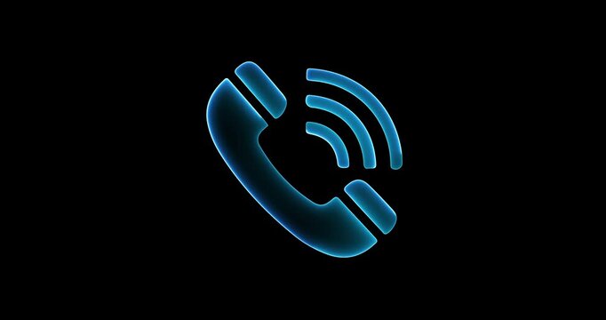 Neon Blue Glowing Telephone Receiver Icon with Signal Waves on Black Background call