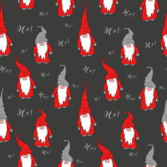 Playful seamless pattern featuring Santa Claus, &ldquo;Ho Ho Ho&rdquo; text and holiday icons on a festive background&mdash;ideal for Christmas wrapping paper, cards, children&rsquo;s apparel, seasonal branding.