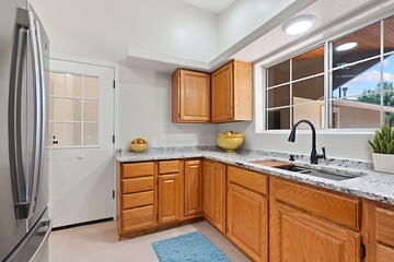 A kitchen with wooden cabinets, granite countertops, sink, and fridge