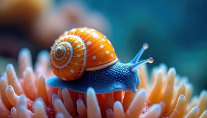 Vibrant sea snail with bright orange, white spotted shell, blue body rests on soft pink coral. Marine mollusc thrives underwater in colorful ocean environment. Delicate nature clearly visible. Marine