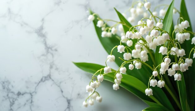 Fresh spring bouquet of white Lily of Valley flowers. Delicate bell shaped blooms with vibrant green leaves sit on light marble texture background. Gentle floral arrangement brings serene natural