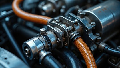 Car power steering pump detail showing metal part and orange hose connected. Auto mechanic part for vehicle repair and maintenance. Close up view of automotive system.