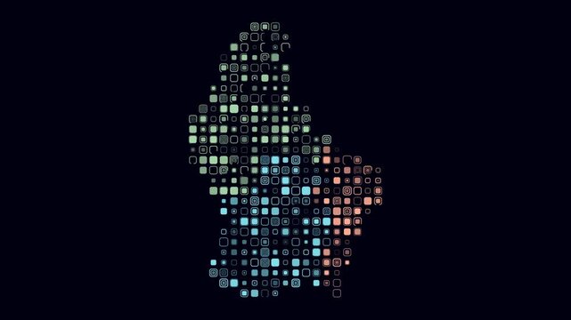 Luxembourg animated country shape. Pulsating colored dots on the map of the country. Large size rounded square blocks. Digital style Luxembourg map on dark background. Stylish animation video.