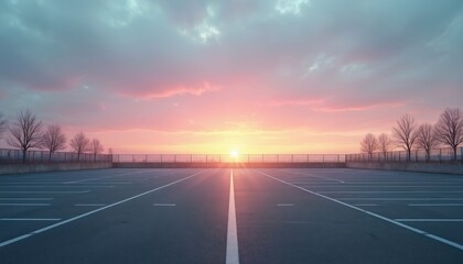Fototapeta premium Empty parking lot at dawn with pastel sky hues. Bare trees stand beside a distant fence. The rising sun casts light over asphalt markings. A peaceful, quiet scene.