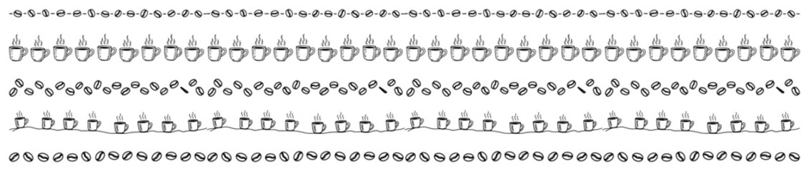 Hand Drawn Coffee Themed Doodle Borders and Seamless Dividers Vector Set