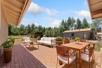 There is a lovely patio complete with a table, chairs, and a cozy couch