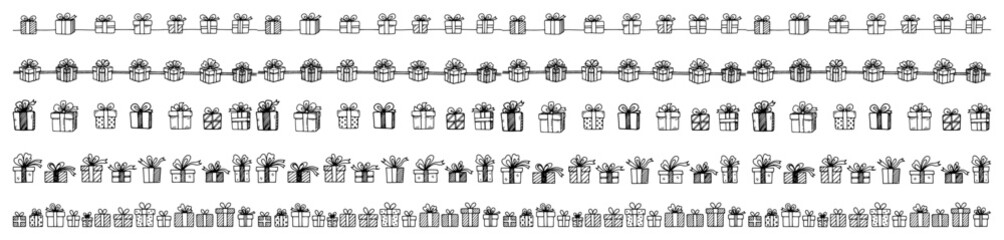 Hand Drawn Doodle Gift Box Seamless Borders and Dividers Vector Set