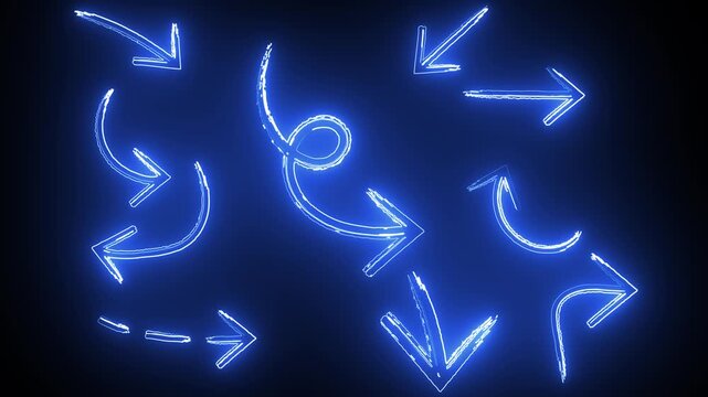 Animated 4K UHD Blue Neon Hand-Drawn Arrows Pack Overlay, Dynamic Glow Direction Pointers Set, Transparent Background VFX