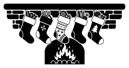 Christmas fireplace with hanging stockings stuffed with gifts silhouette vector cozy holiday hearth decor