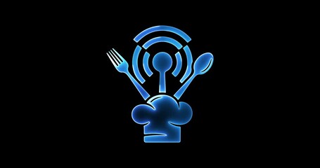 Blue Glowing Chef Hat with Utensils and Wi- Fi Symbol on Black Background food cooking - Powered by Adobe