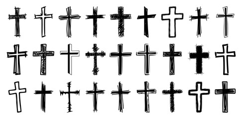 Fototapeta premium Hand Drawn Christian Cross Doodle Sketch Vector Set